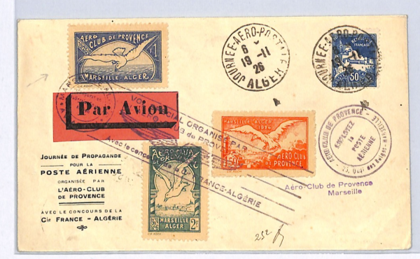 ALGERIA Air 1926 Cover AERO-CLUB PROVENCE *BIRDS* Stamps{3} France Cols WX146 - Image 3
