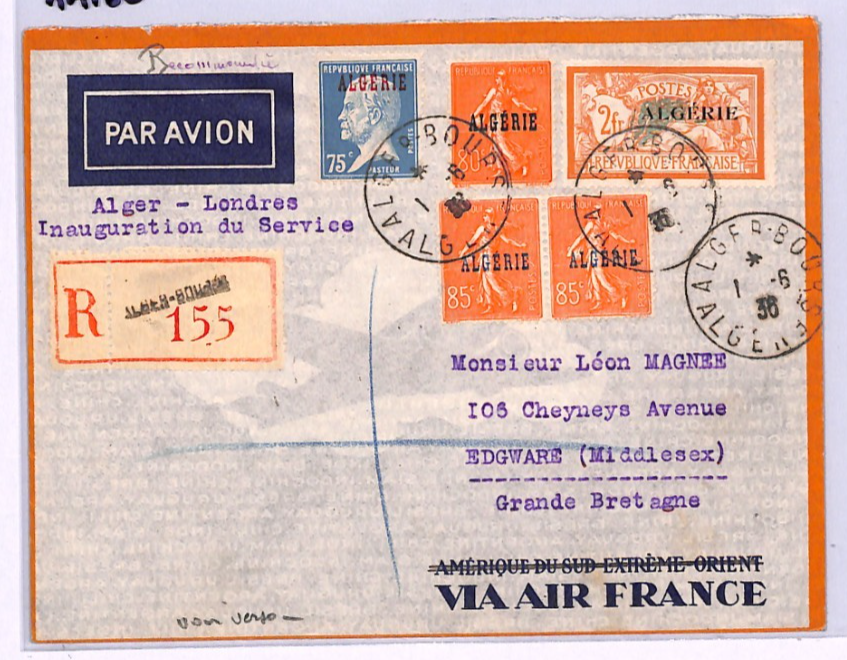 ALGERIA France Overprint 2f MERSON Cover Reg Air 1936 FIRST FLIGHT London XA150 - Image 3