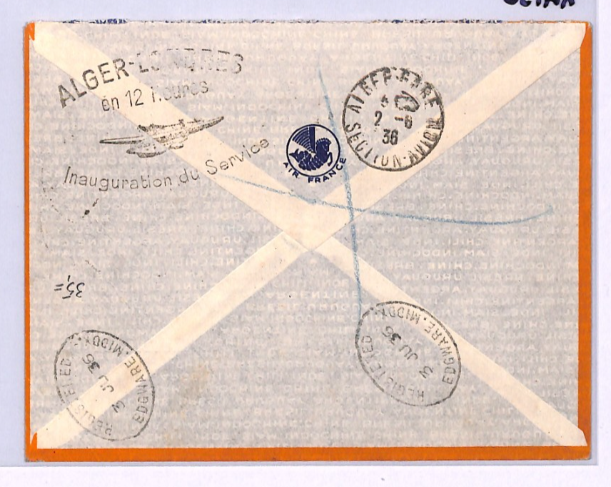 ALGERIA France Overprint 2f MERSON Cover Reg Air 1936 FIRST FLIGHT London XA150 - Image 4