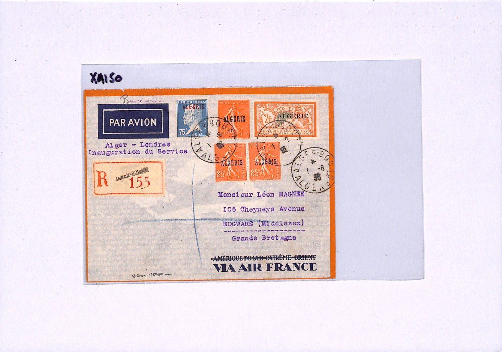 ALGERIA France Overprint 2f MERSON Cover Reg Air 1936 FIRST FLIGHT London XA150 - Image 5