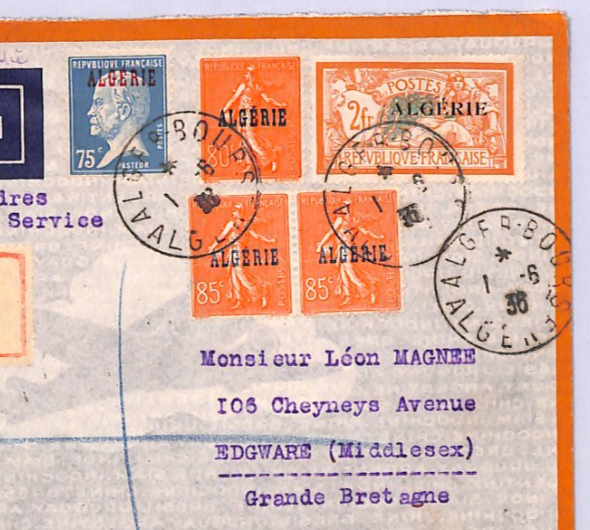 ALGERIA France Overprint 2f MERSON Cover Reg Air 1936 FIRST FLIGHT London XA150