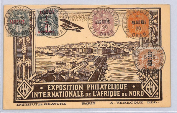 ALGERIA Postcard 1930 Africa Expo *BIPLANE* Illustrated VIEW-SIDE FRANKING YZ258 - Image 3