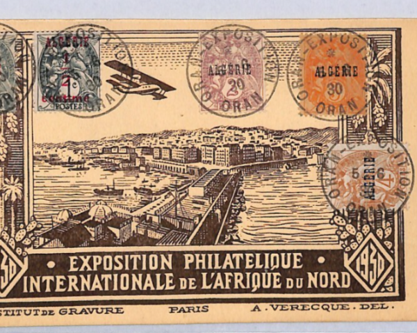 ALGERIA Postcard 1930 Africa Expo *BIPLANE* Illustrated VIEW-SIDE FRANKING YZ258