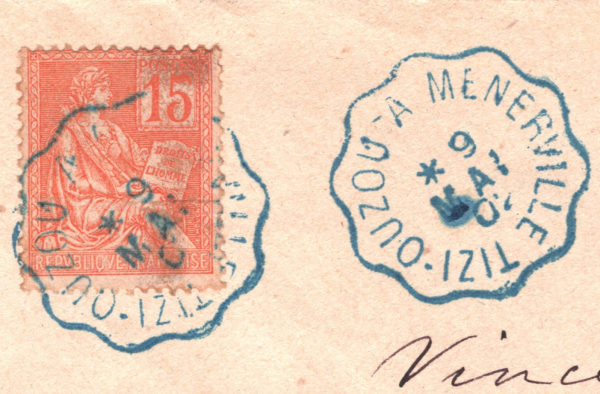 ALGERIA RAILWAY Cover Super *TIZI-OUZOU MENERVILLE* BlueCONVOYEUR 1902 CDS WX133