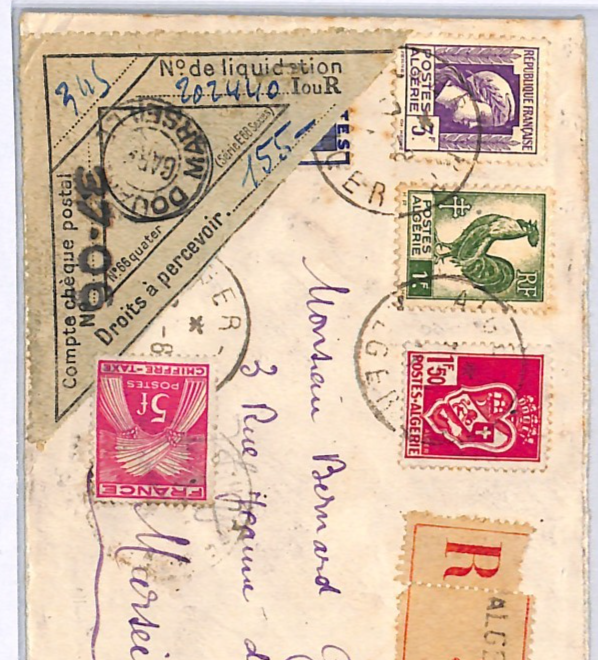ALGERIA Reg Cover France Marseille DROITS PERCEVOIR Triangular 5f DUE WX283 - Image 3