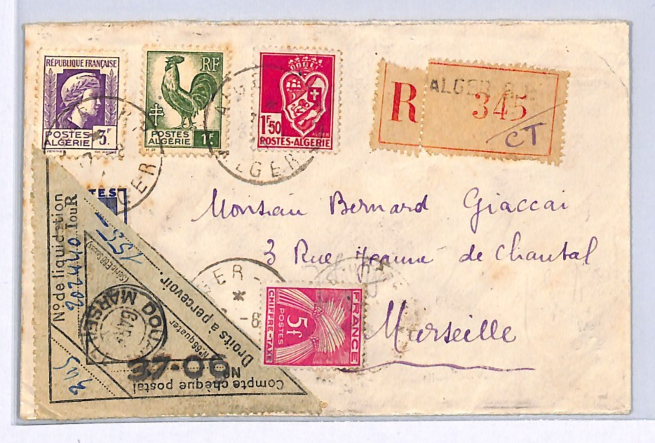 ALGERIA Reg Cover France Marseille DROITS PERCEVOIR Triangular 5f DUE WX283 - Image 4