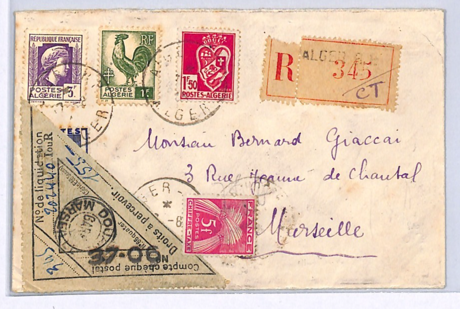 ALGERIA Reg Cover France Marseille DROITS PERCEVOIR Triangular 5f DUE WX283 - Image 7