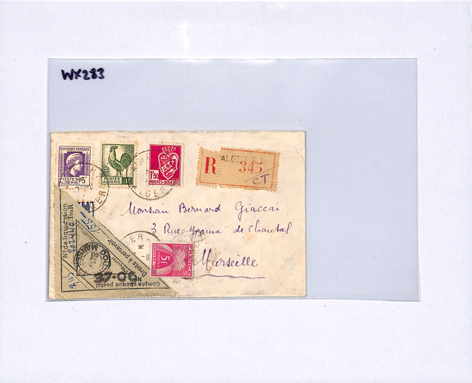ALGERIA Reg Cover France Marseille DROITS PERCEVOIR Triangular 5f DUE WX283 - Image 9