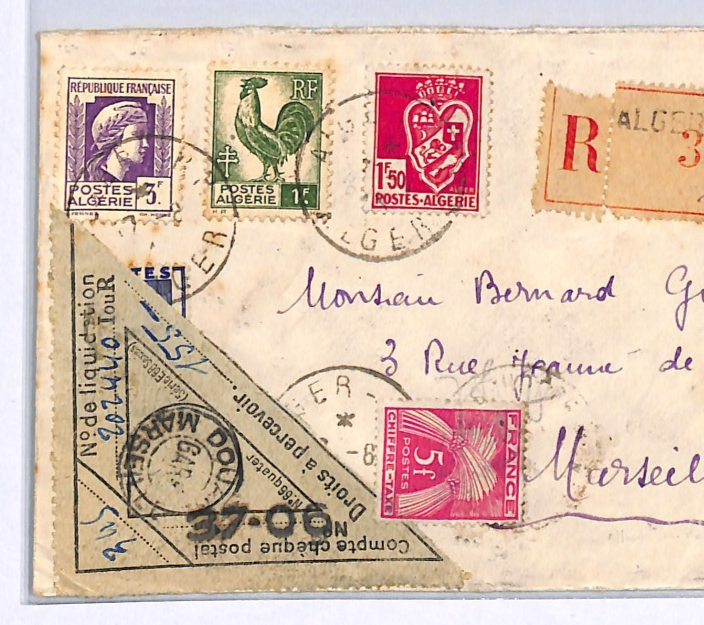 ALGERIA Reg Cover France Marseille DROITS PERCEVOIR Triangular 5f DUE WX283