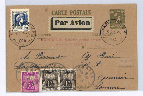 ALGERIA WW2 Air Mail 1944 Stationery Card French POSTAGE DUES France Cols  WX150