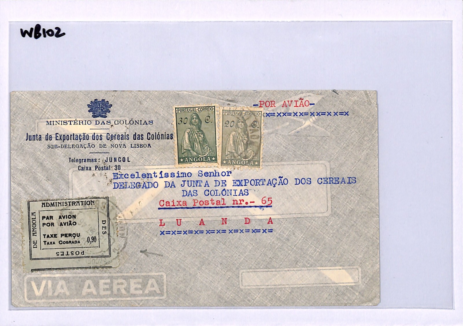 ANGOLA Official 1946 Air Mail *TAXE PERCUE LABEL* Nova Lisboa Cover Luanda WB102 - Image 5