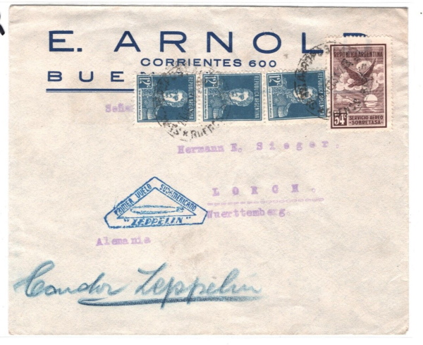 ARGENTINA Cover ZEPPELIN Blue *TRIANGULAR CACHET* First Flight Air Mail MA1702 - Image 3