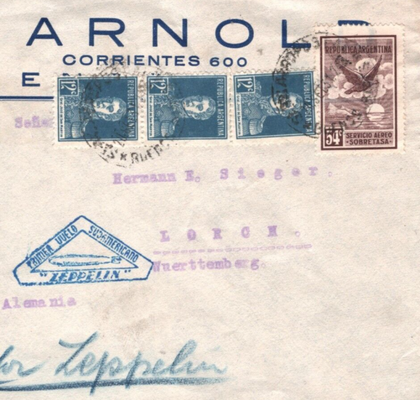 ARGENTINA Cover ZEPPELIN Blue *TRIANGULAR CACHET* First Flight Air Mail MA1702