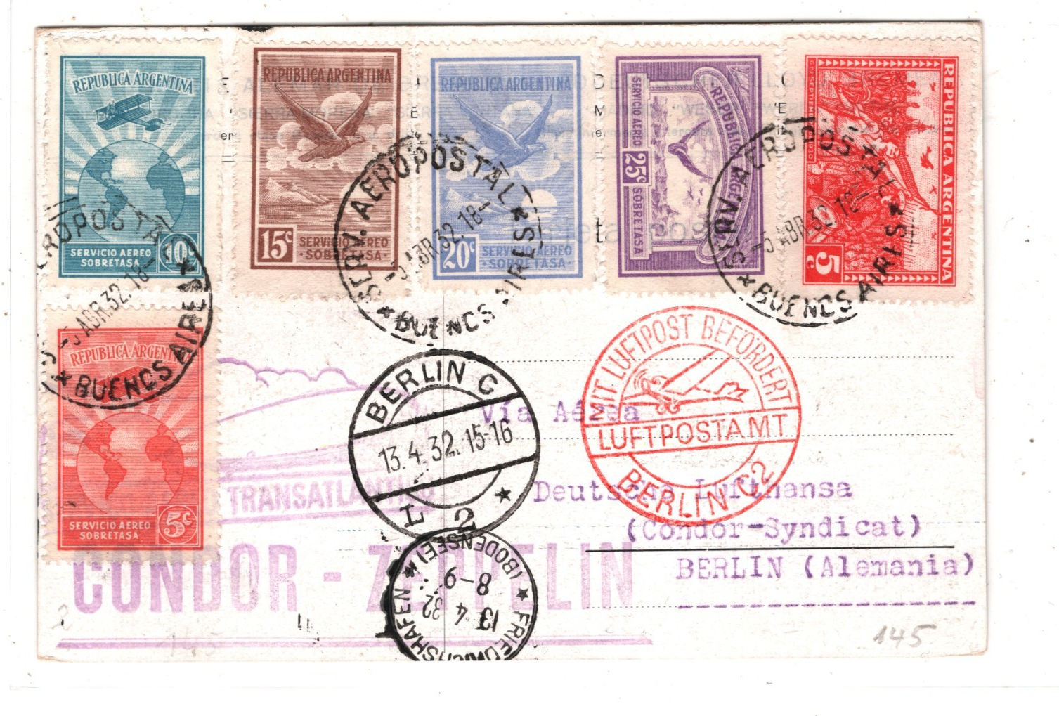 ARGENTINA GRAF ZEPPELIN Air Mail CONDOR Air Mail Card B. Aires Berlin 1932 KZ32 - Image 3
