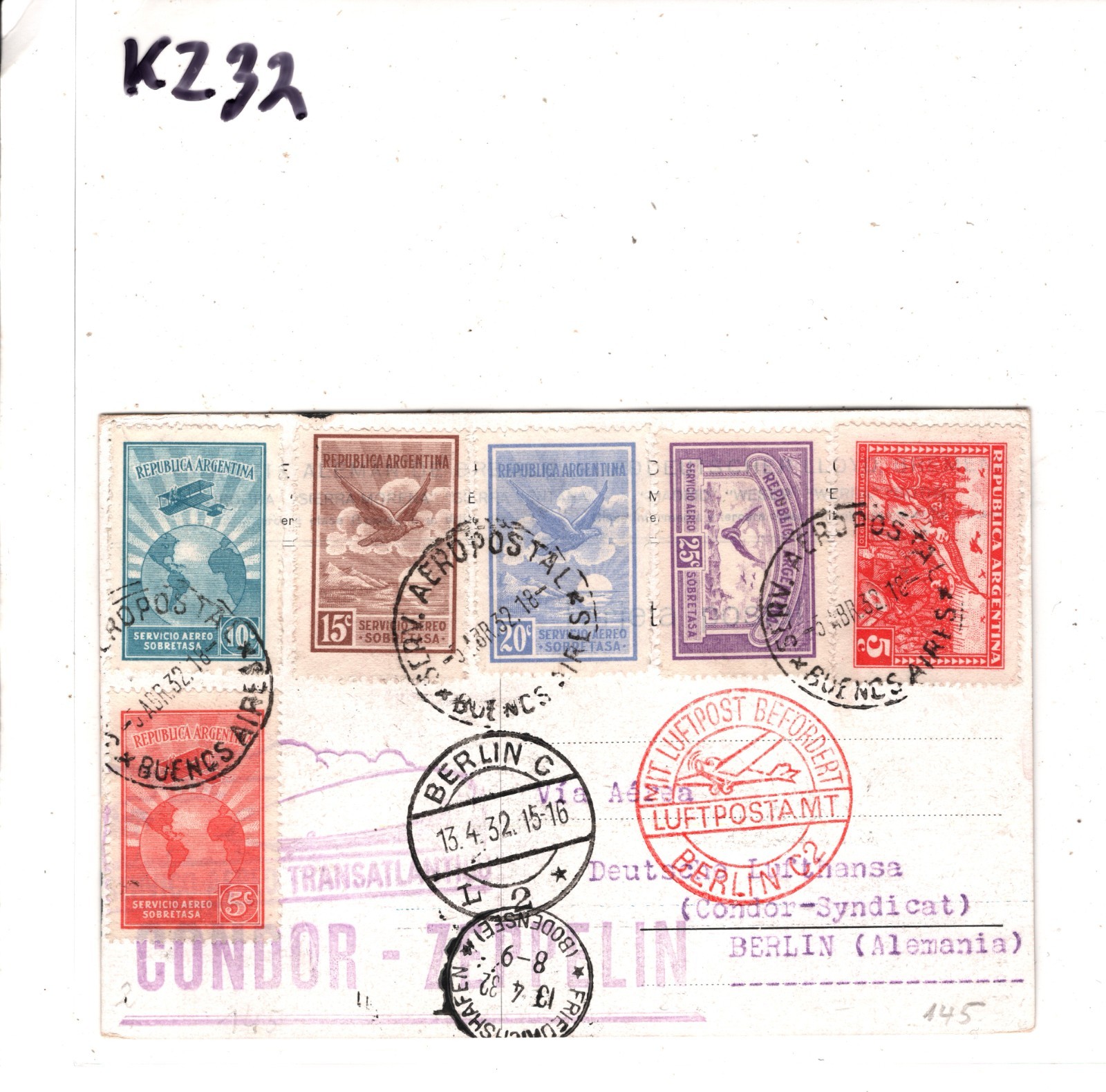 ARGENTINA GRAF ZEPPELIN Air Mail CONDOR Air Mail Card B. Aires Berlin 1932 KZ32 - Image 6