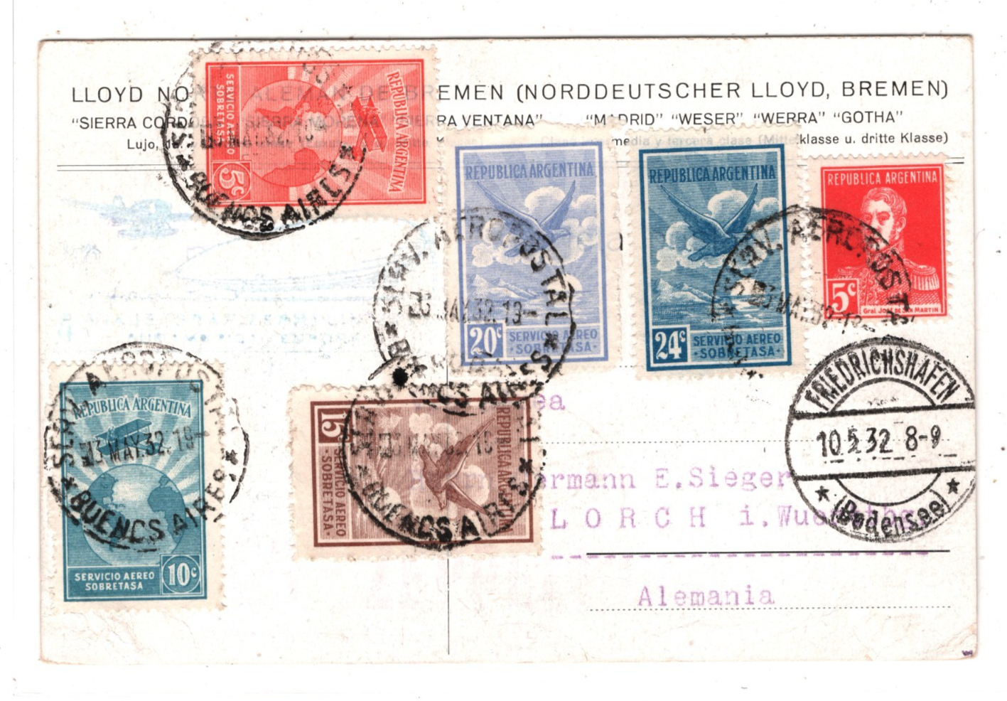 ARGENTINA GRAF ZEPPELIN Air Mail CONDOR Air Mail NDL SHIP Card 1932 Lorch KZ37 - Image 3