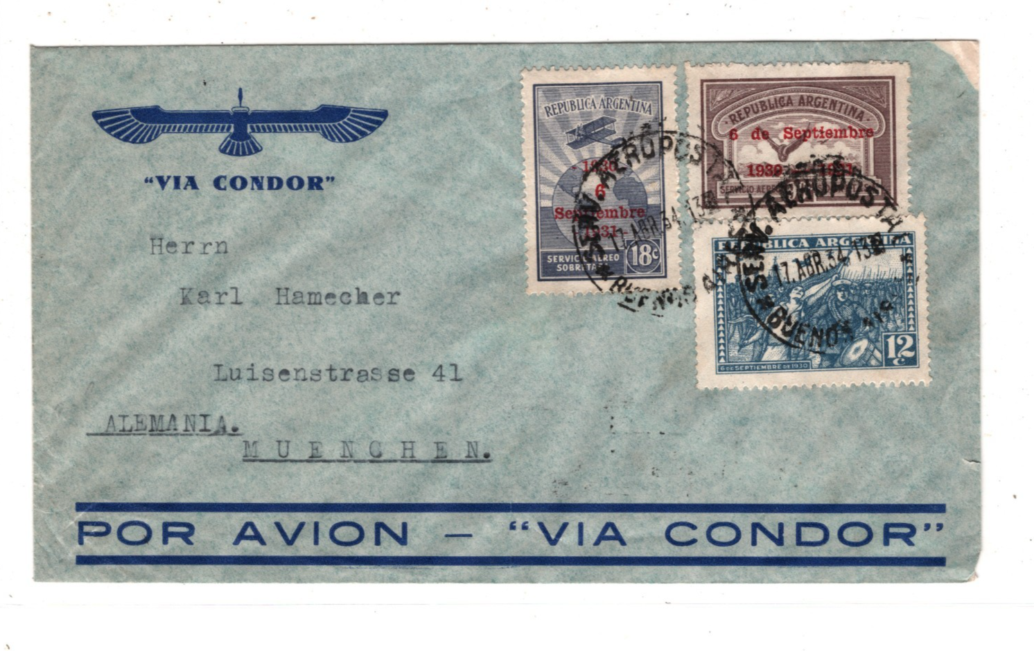 ARGENTINA GRAF ZEPPELIN Air Mail Cover CONDOR BAires Frankfurt Germany 1934 KZ84 - Image 3