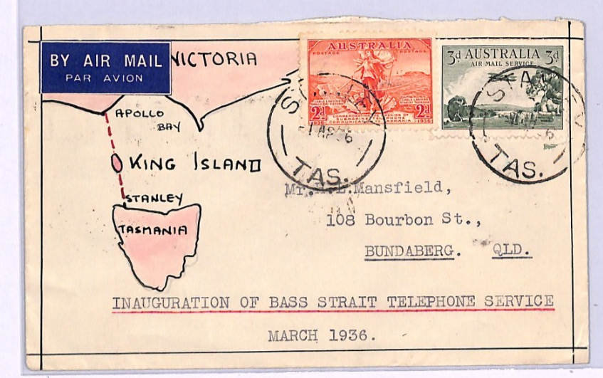 AUSTRALIA Air 1936 *HAND-ILLUSTRATED* Cover BASS STRAIT TELEPHONE Tasmania XA282