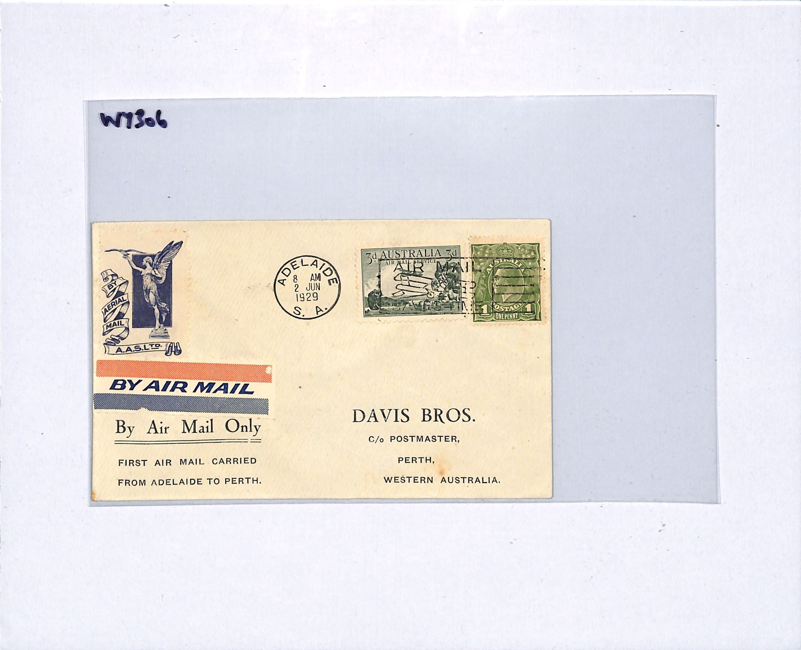 AUSTRALIA Air AASL *ANGEL* Label FIRST FLIGHT Cover 1929 Adelaide-Perth WY306 - Image 5