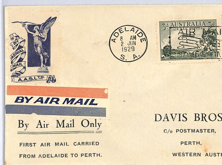 AUSTRALIA Air AASL *ANGEL* Label FIRST FLIGHT Cover 1929 Adelaide-Perth WY306