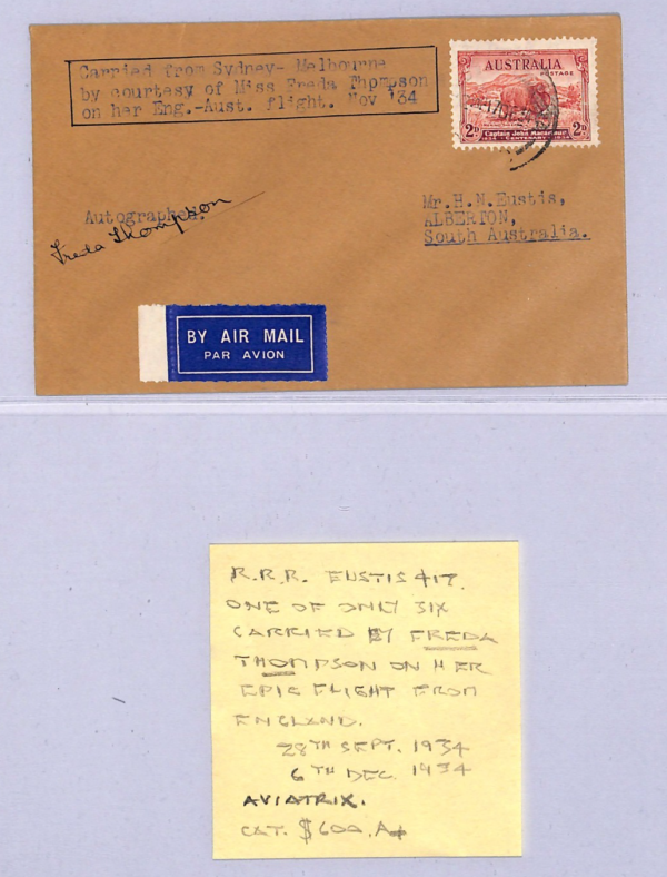 AUSTRALIA Air Mail 1934 Cover SIGNED Pilot *FREDA THOMPSON* Aviatrix RARE WT54 - Image 5