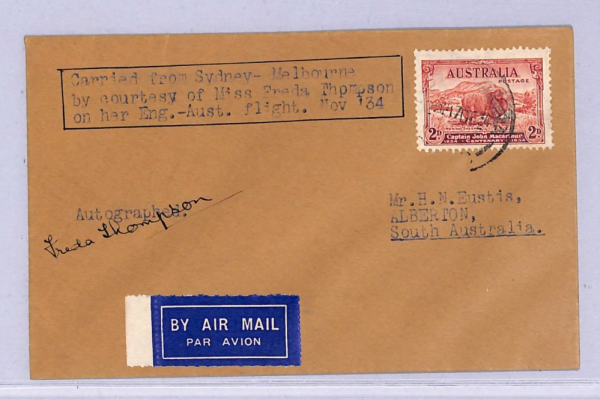 AUSTRALIA Air Mail 1934 Cover SIGNED Pilot *FREDA THOMPSON* Aviatrix RARE WT54
