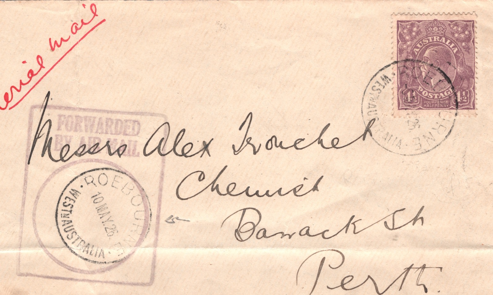 AUSTRALIA Air Mail Cover 1926 Roebourne Perth WA {samwells-covers}WQ295