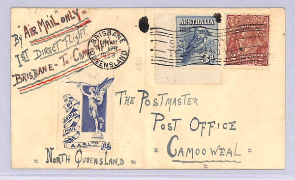 AUSTRALIA Air Mail Cover 1929 FIRST FLIGHT Brisbane-Charleville ANGEL Label WT47 - Image 3