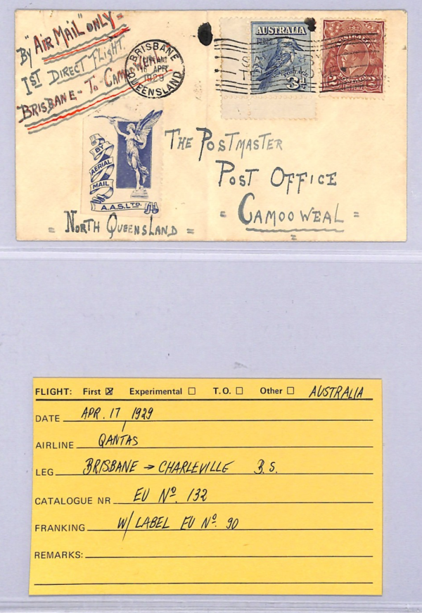 AUSTRALIA Air Mail Cover 1929 FIRST FLIGHT Brisbane-Charleville ANGEL Label WT47 - Image 5