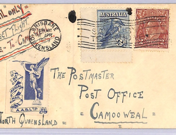 AUSTRALIA Air Mail Cover 1929 FIRST FLIGHT Brisbane-Charleville ANGEL Label WT47