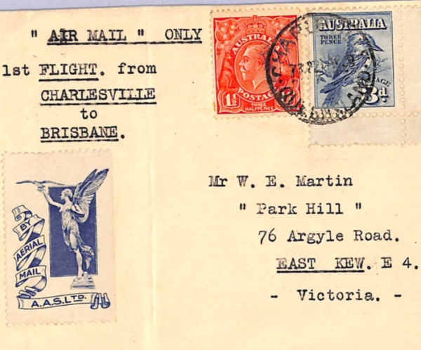 AUSTRALIA Air Mail Cover 1929 FIRST FLIGHT Charleville-Brisbane ANGEL Label WT48 - Image 4
