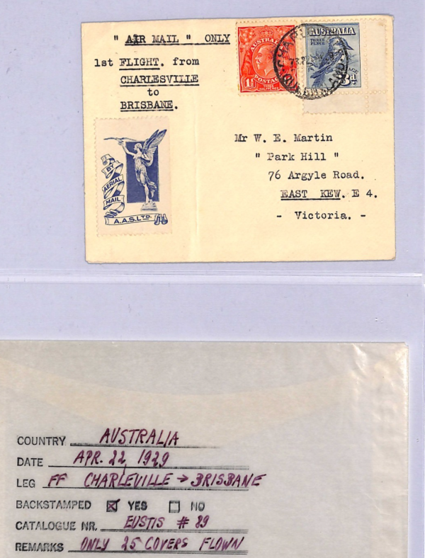 AUSTRALIA Air Mail Cover 1929 FIRST FLIGHT Charleville-Brisbane ANGEL Label WT48 - Image 5