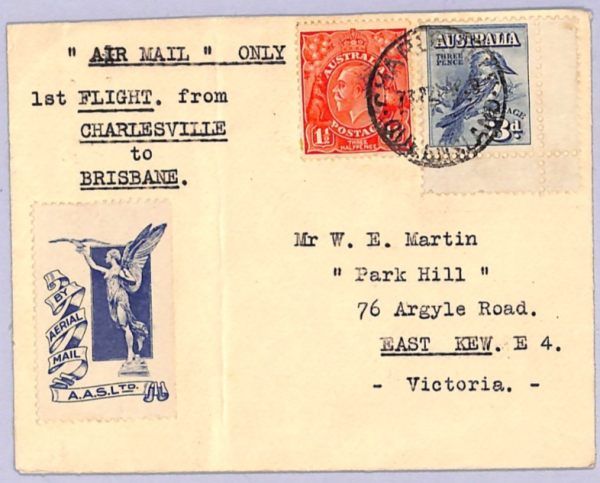 AUSTRALIA Air Mail Cover 1929 FIRST FLIGHT Charleville-Brisbane ANGEL Label WT48