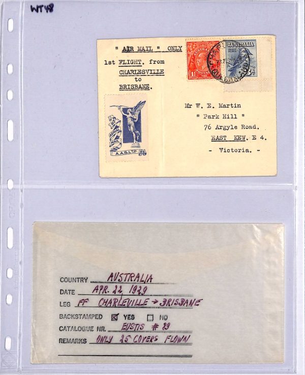 AUSTRALIA Air Mail Cover 1929 FIRST FLIGHT Charleville-Brisbane ANGEL Label WT48 - Image 9