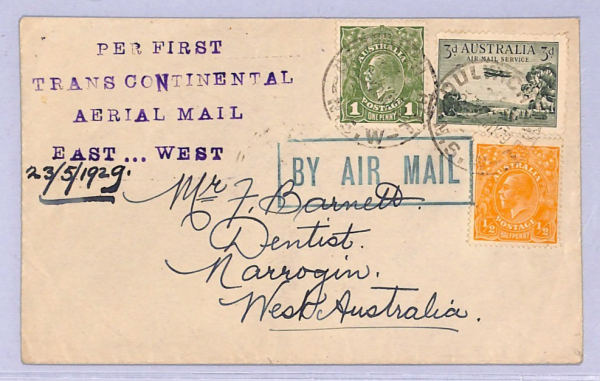 AUSTRALIA Air Mail *GREEN* Cachet Cover 1929 FIRST TRANSCONTINENTAL FLIGHT WT50 - Image 3