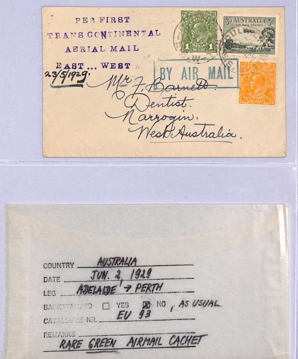 AUSTRALIA Air Mail *GREEN* Cachet Cover 1929 FIRST TRANSCONTINENTAL FLIGHT WT50 - Image 5