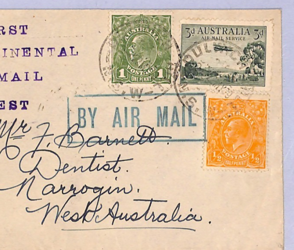 AUSTRALIA Air Mail *GREEN* Cachet Cover 1929 FIRST TRANSCONTINENTAL FLIGHT WT50