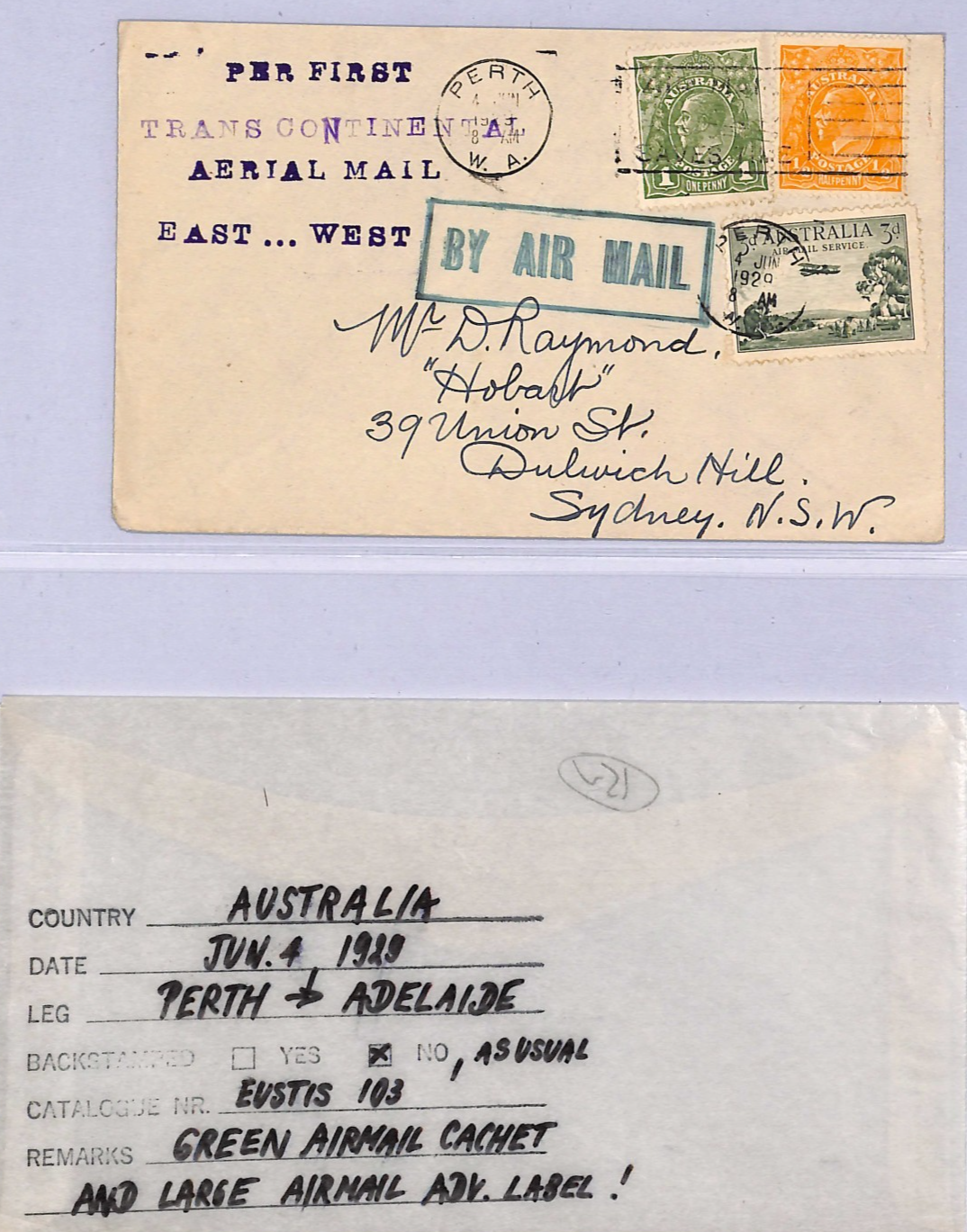 AUSTRALIA Air Mail *GREEN* Cachet Cover 1929 FIRST TRANSCONTINENTAL FLIGHT WT53 - Image 5