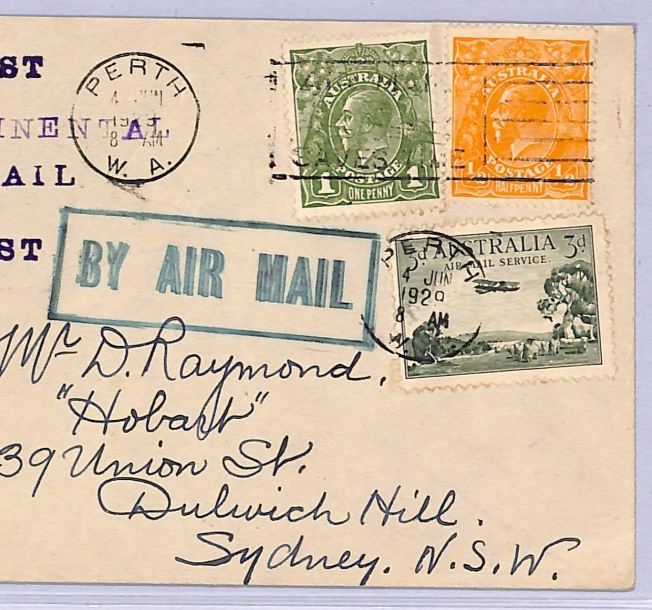 AUSTRALIA Air Mail *GREEN* Cachet Cover 1929 FIRST TRANSCONTINENTAL FLIGHT WT53