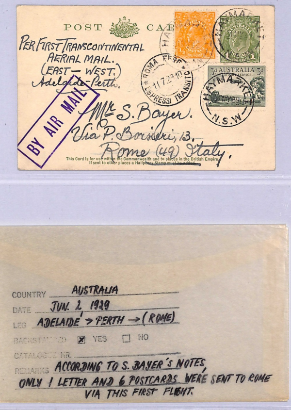 AUSTRALIA Card 1929 FIRST TRANSCONTINENTAL FLIGHT Air Mail ITALY Bayer Rare WT51 - Image 4
