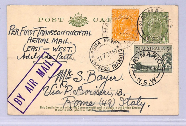 AUSTRALIA Card 1929 FIRST TRANSCONTINENTAL FLIGHT Air Mail ITALY Bayer Rare WT51