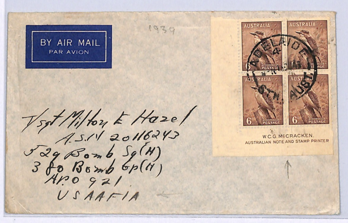 AUSTRALIA Cover KGVI 6d KOOKABURRA Block *McCRACKEN* Imprint 1939 USAAFIA WM331 - Image 3