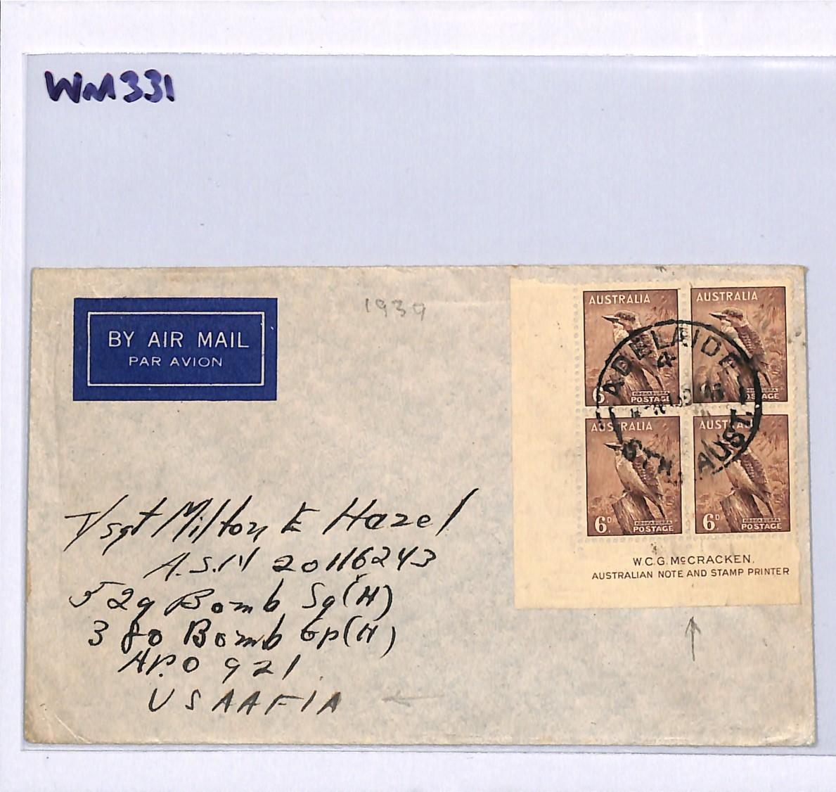 AUSTRALIA Cover KGVI 6d KOOKABURRA Block *McCRACKEN* Imprint 1939 USAAFIA WM331 - Image 6