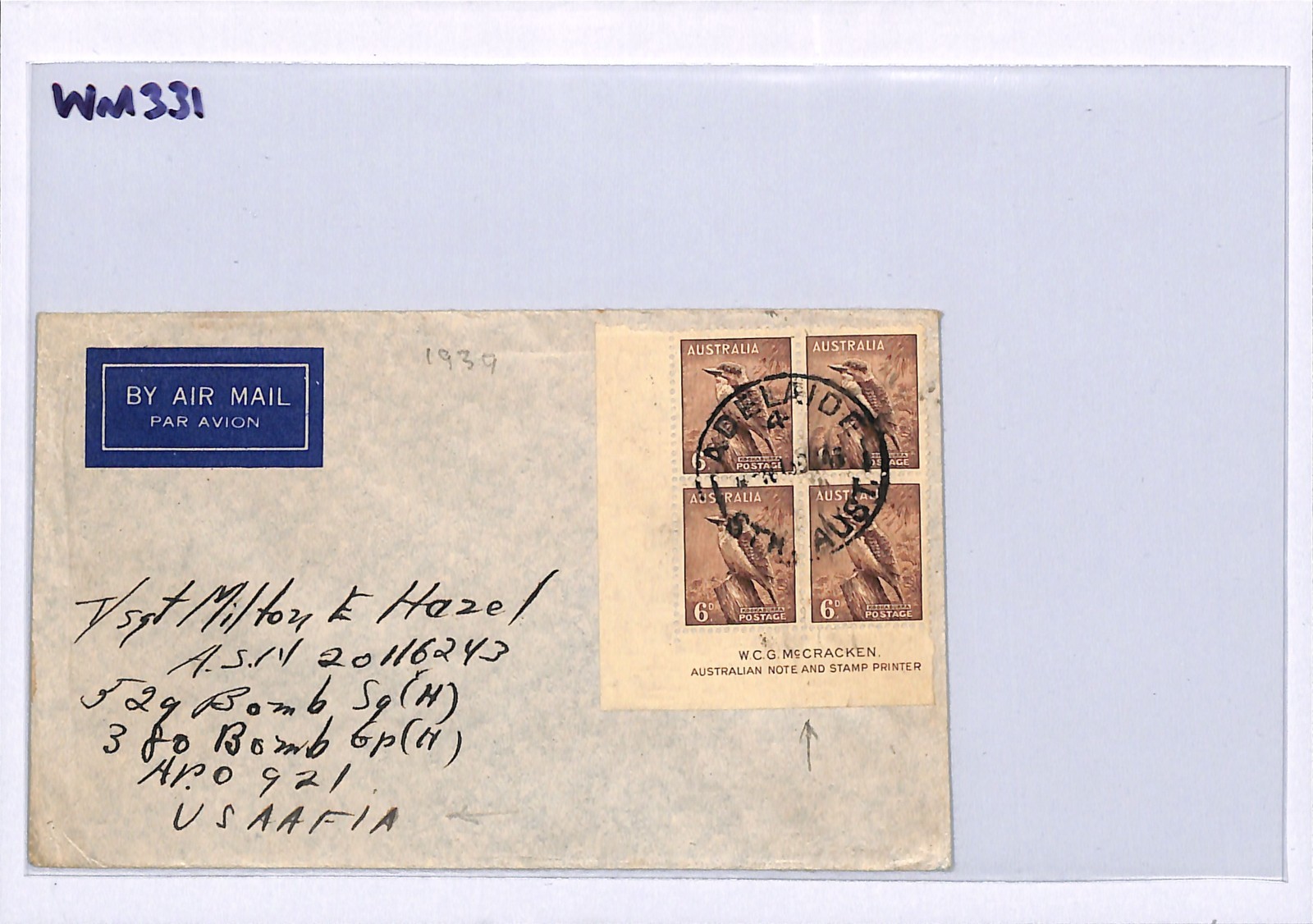 AUSTRALIA Cover KGVI 6d KOOKABURRA Block *McCRACKEN* Imprint 1939 USAAFIA WM331 - Image 8