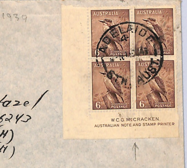 AUSTRALIA Cover KGVI 6d KOOKABURRA Block *McCRACKEN* Imprint 1939 USAAFIA WM331