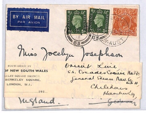 AUSTRALIA KGV Air GB KGVI *MIXED FRANKING* Cover FORWARDING LABEL Bank NSW YK321