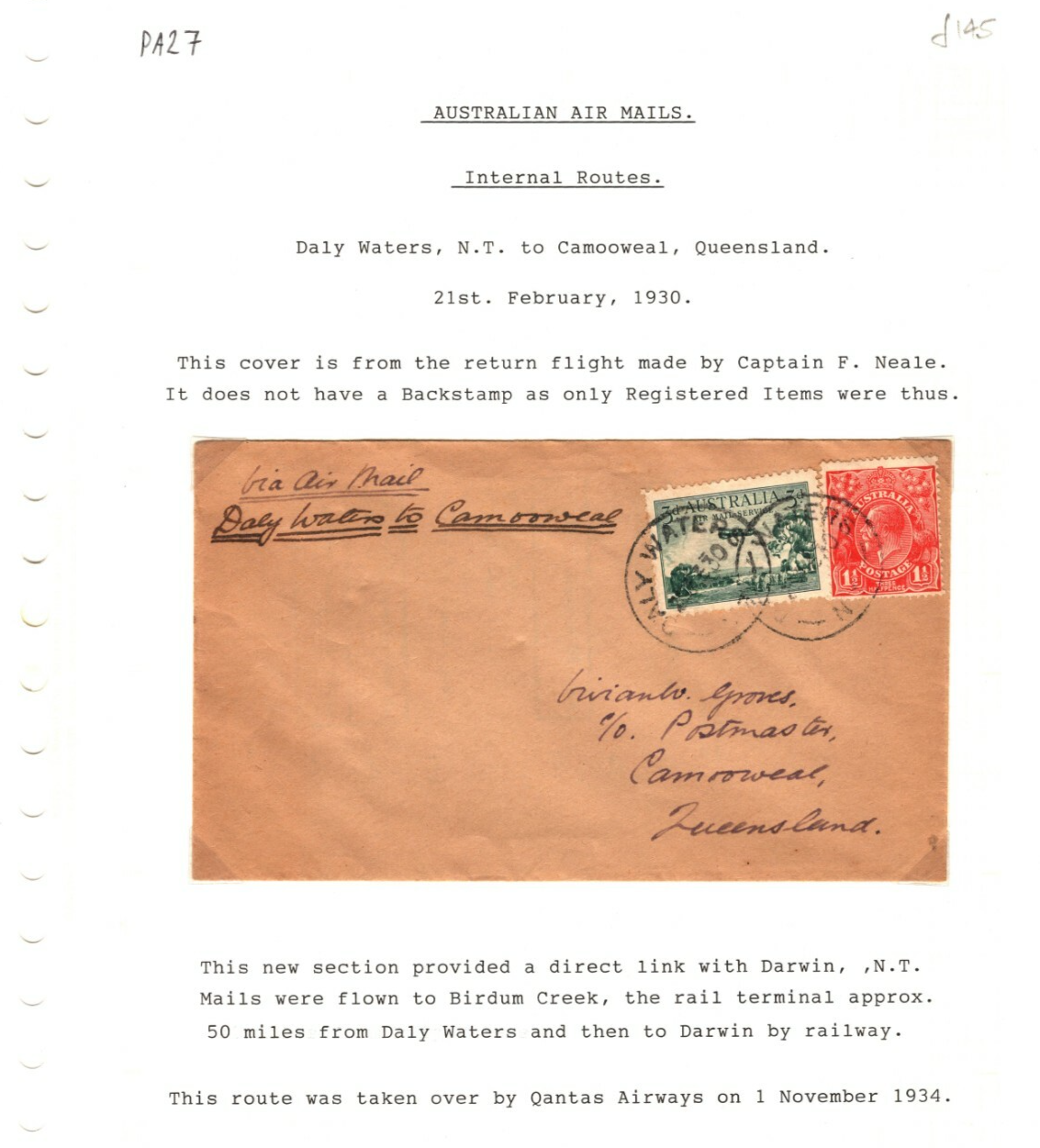 AUSTRALIA KGV Air Mail 1930 Cover FIRST FLIGHT *Daly Waters NT* Camooweal PA27 - Image 7