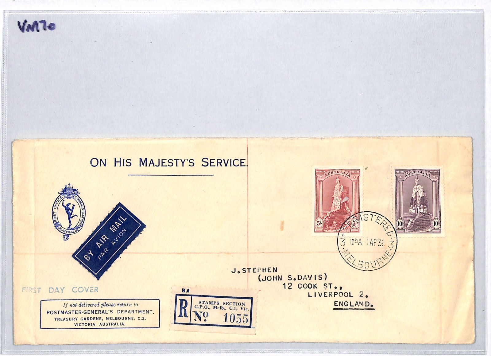 AUSTRALIA KGVI Official FDC 1938 10s 5s *ROBES* HIGH VALUES Melbourne Reg VM70 - Image 6