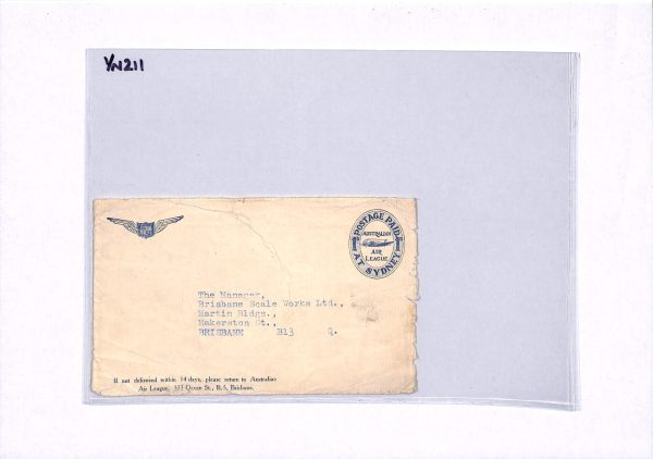 AUSTRALIA Postal Stationery AIR LEAGUE 1d Paid Die Cover Front Brisbane YN211 - Image 14