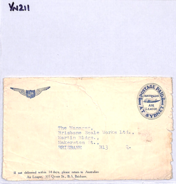 AUSTRALIA Postal Stationery AIR LEAGUE 1d Paid Die Cover Front Brisbane YN211 - Image 5